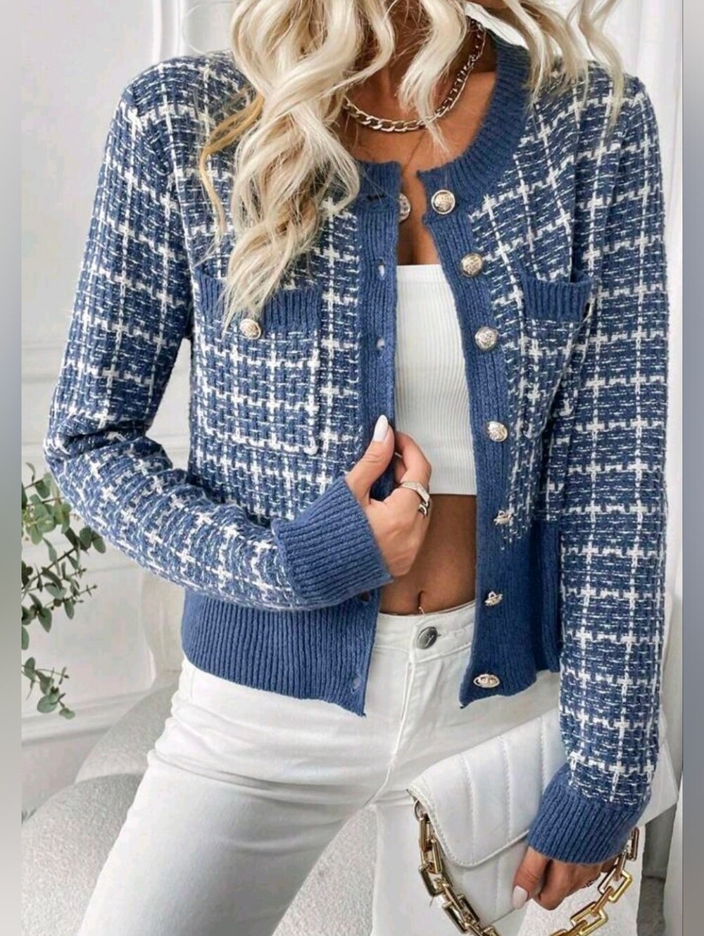 New Chic Plaid Tweed Knit Cardigan Sweater Blue White